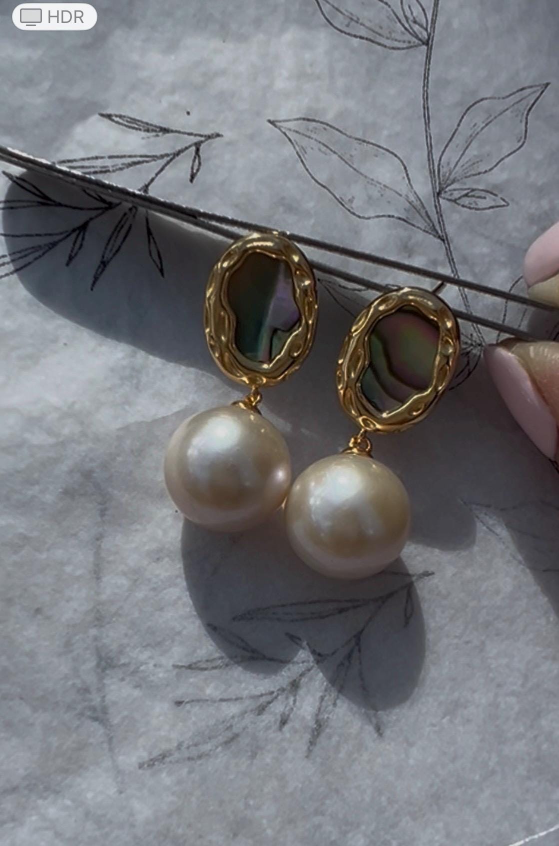 Custom made Oval shaped colourful Mother-of-Pearl  Abalone shell & White Freshwater Pearl Drop Earrings.