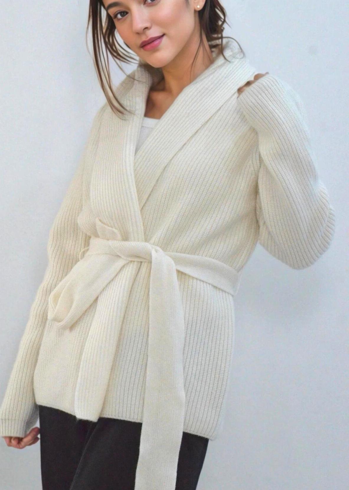 Cashmere-Wool Blend Loungewear Cardigan with Belt  Ivory