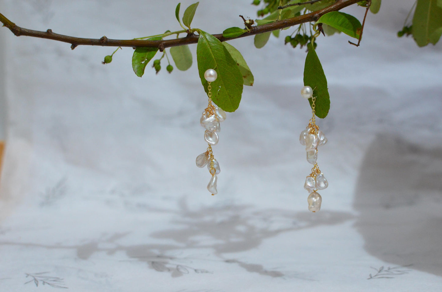 Baroque Pearl Drop Earrings with Gold Chain & Pearl Stud