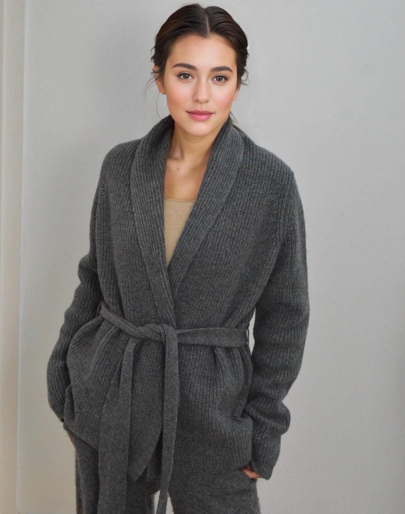 Cashmere-Wool Blend Loungewear Cardigan with Belt