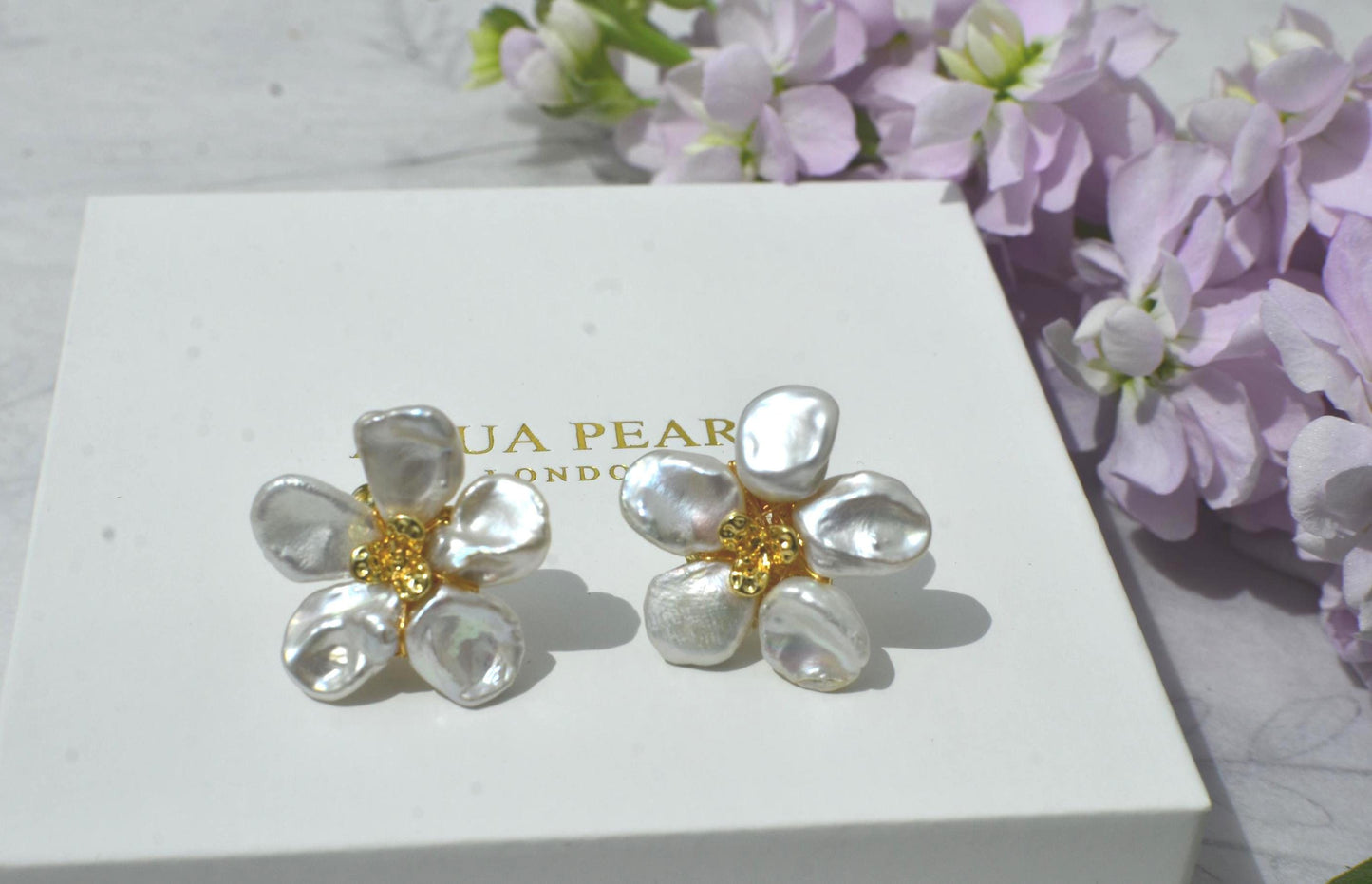 Handcrafted Floral Pearl Stud Earrings, 14k Gold-Filled, Cubic Zirconia