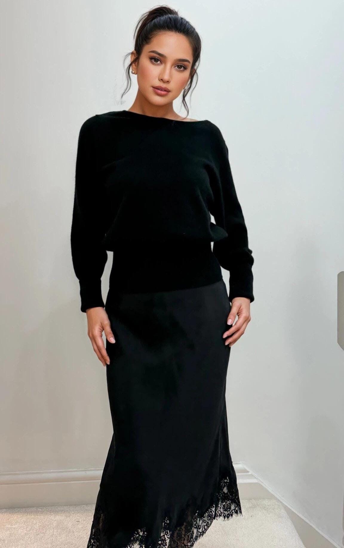 Cashmere Wool Blend Sweater – Off-the-Shoulder, Cinched Waist