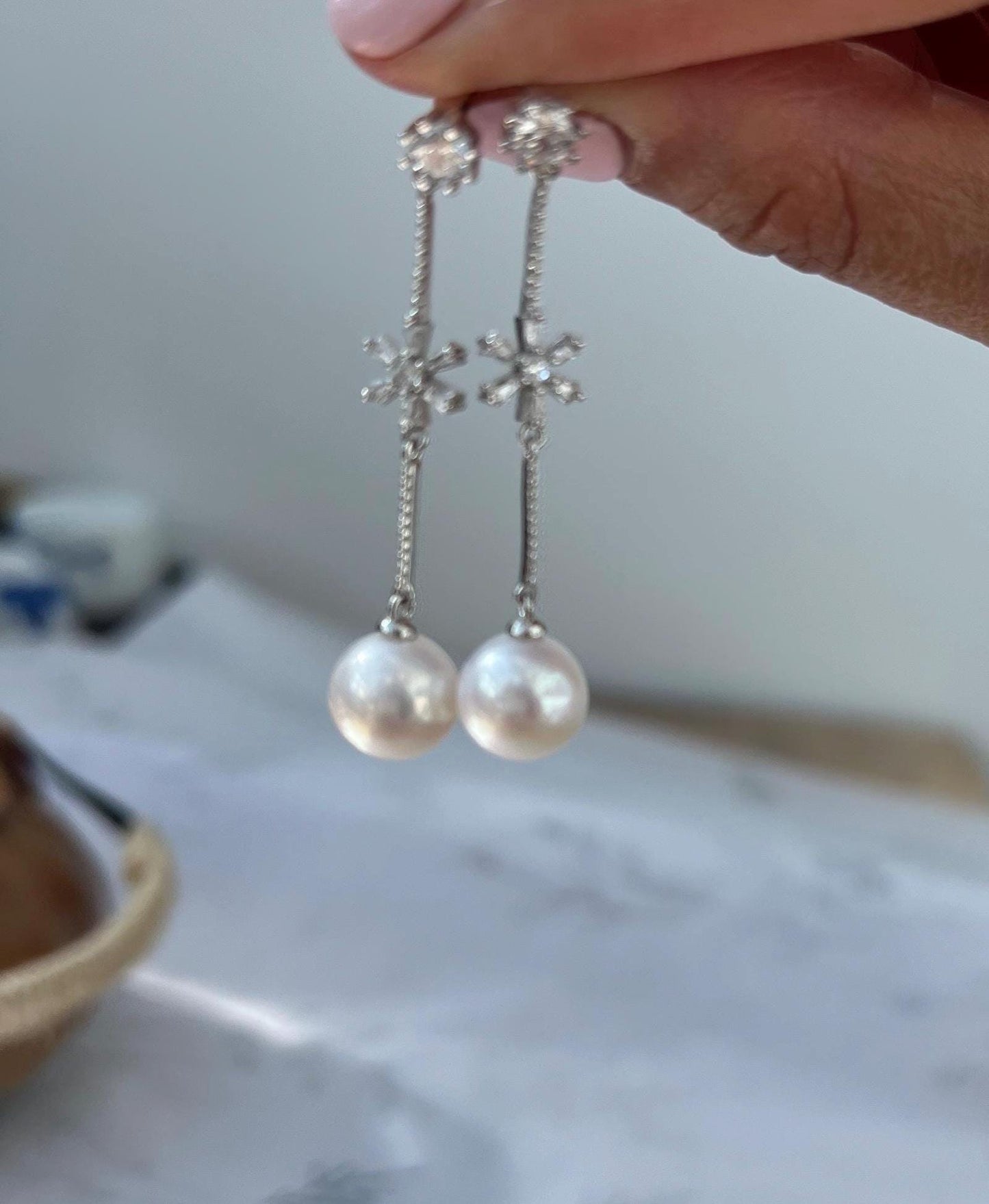 Floral CZ Freshwater Pearl Earrings – Bridal Sterling Silver