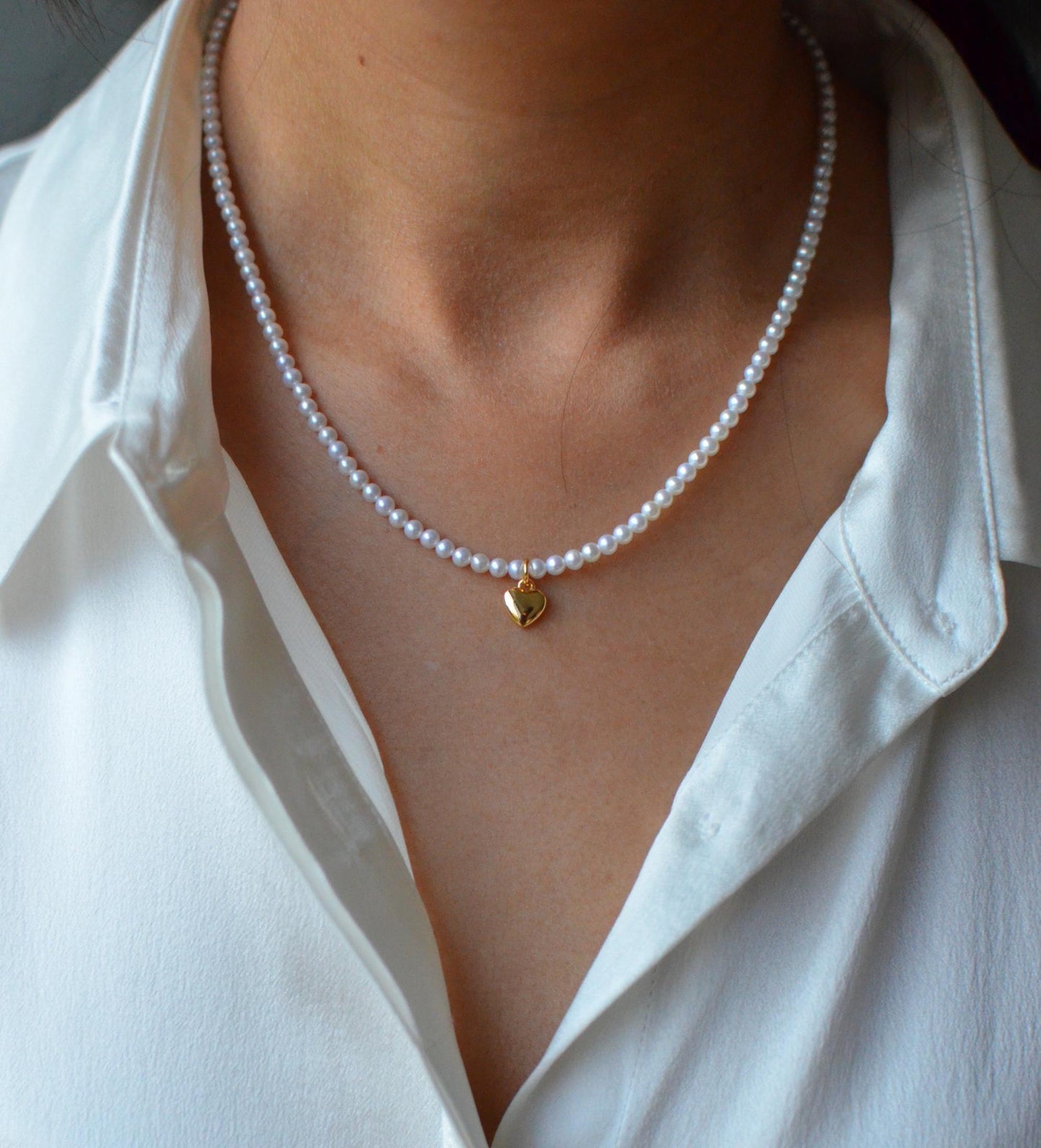 Classic 3mm freshwater Pearl Necklac with 925 Silver Gold-Plated Heart Charm