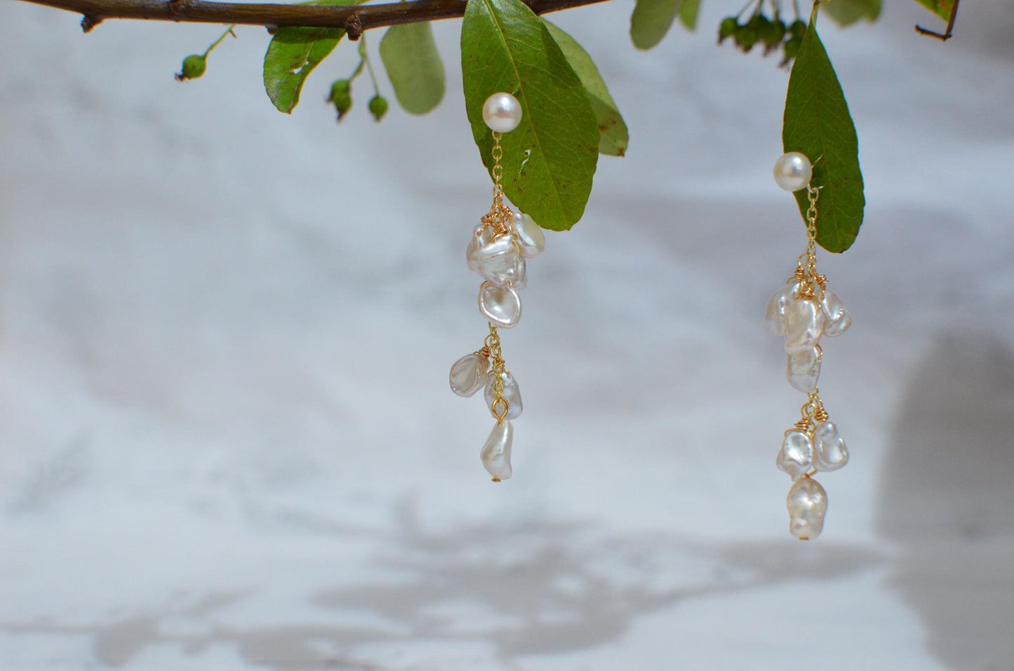 Baroque Pearl Drop Earrings with Gold Chain & Pearl Stud