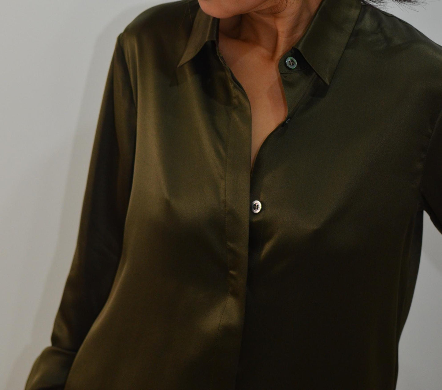 Oilve green Mulberry Silk Blouse: Long Sleeve Button-Up Shirt  22momme silk