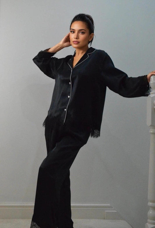 19 Momme Mulberry Silk Pajama Set: Black Lace Trim Sleepwear 3/4 sleeves