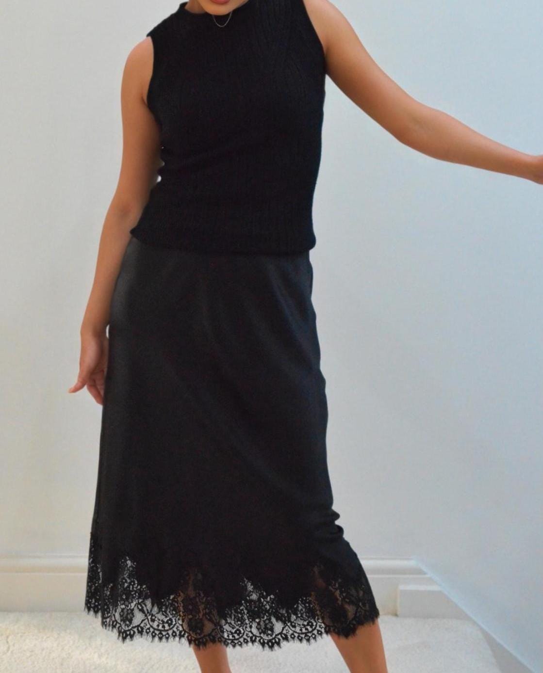 Black Silk Midi Skirt with Lace Hem