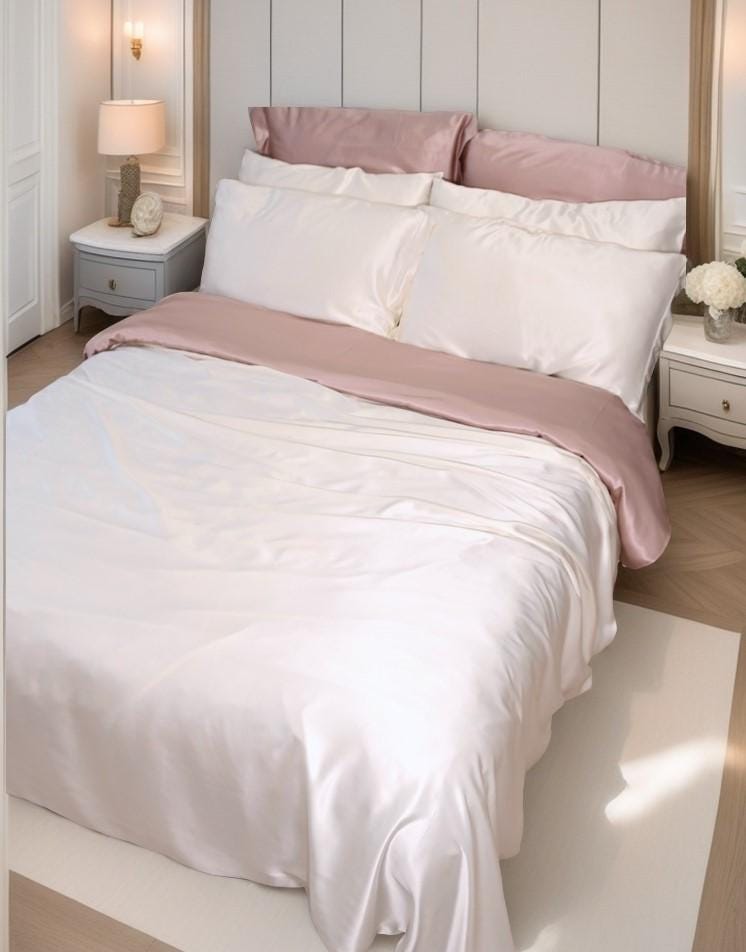 Pink & White Mulberry Silk Duvet Cover Set: 25 Momme Luxury Bedding