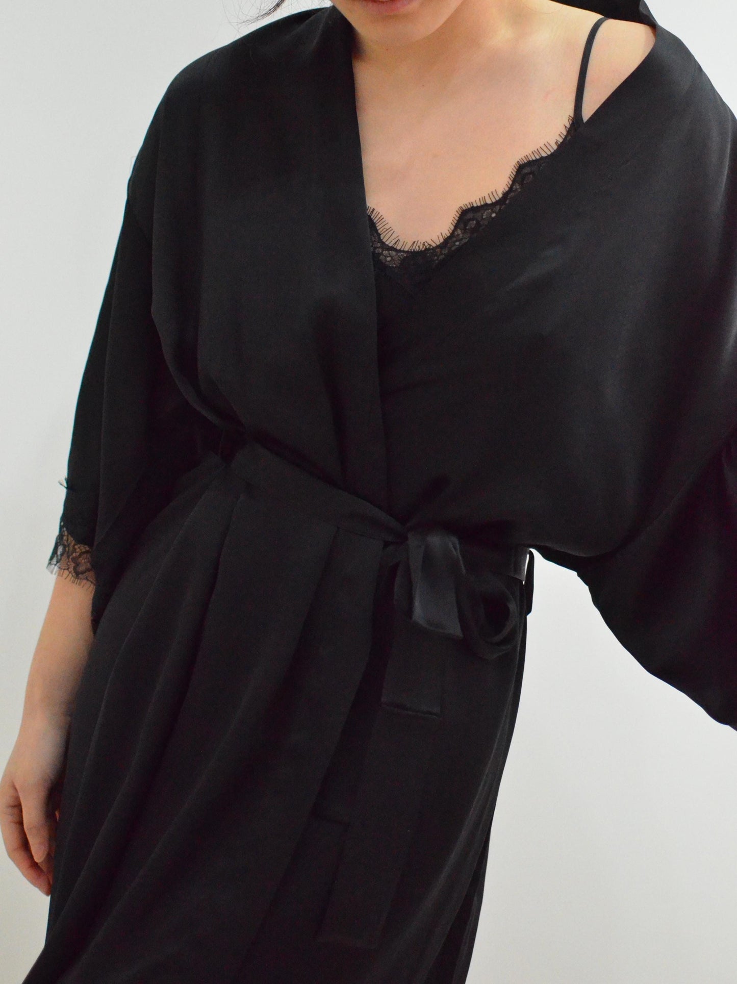 6A Grade mulberry Silk Lace Trimmed black Nightdress& Dressing Gown Set 2Pcs 19momme silk