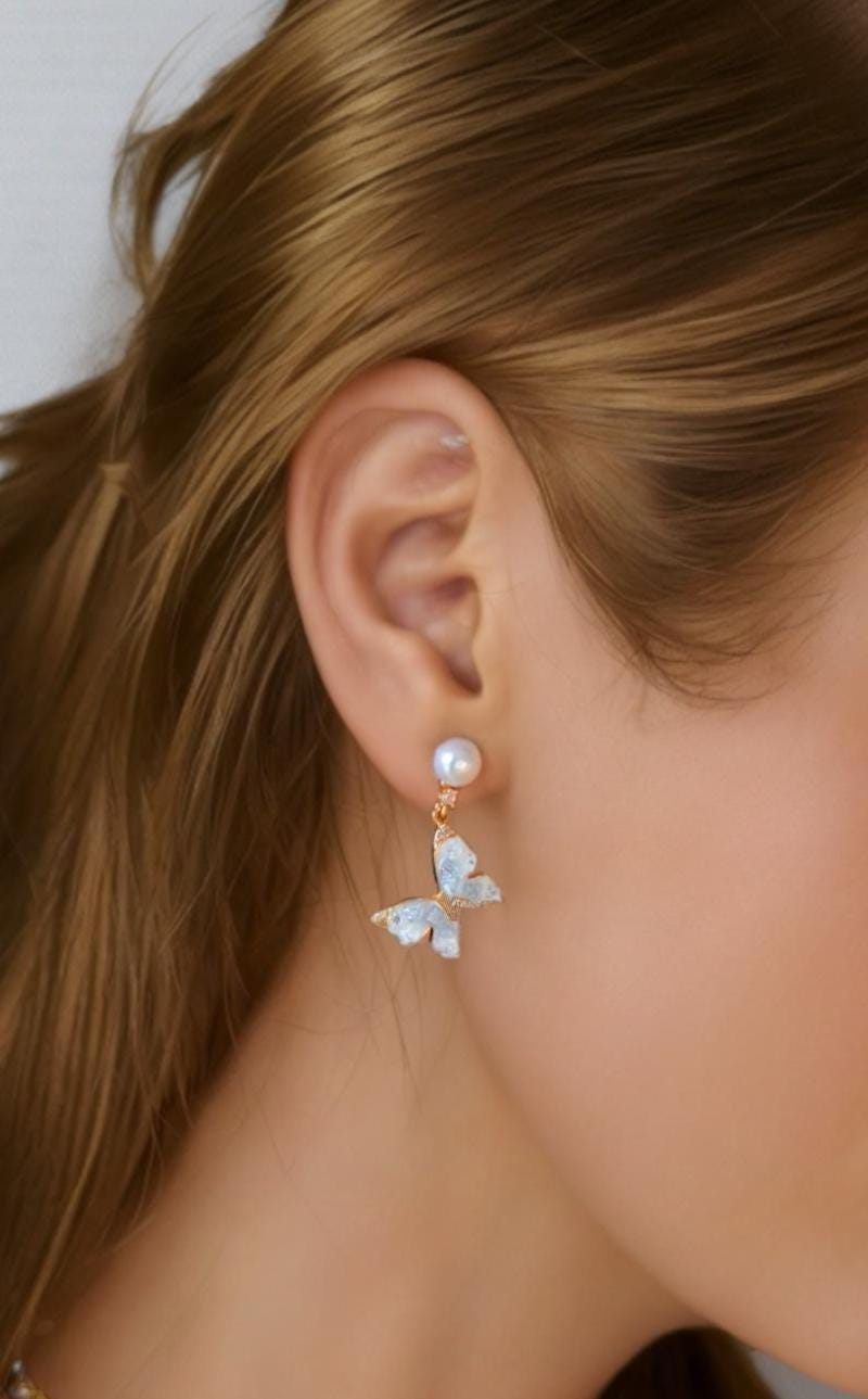 Gold Butterfly Drop Earrings, Freshwater Pearl Studs, CZ Stone