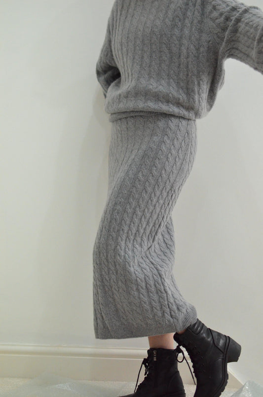 Cashmere Wool Blend Cable Knit Sweater and Pencil Skirt Set