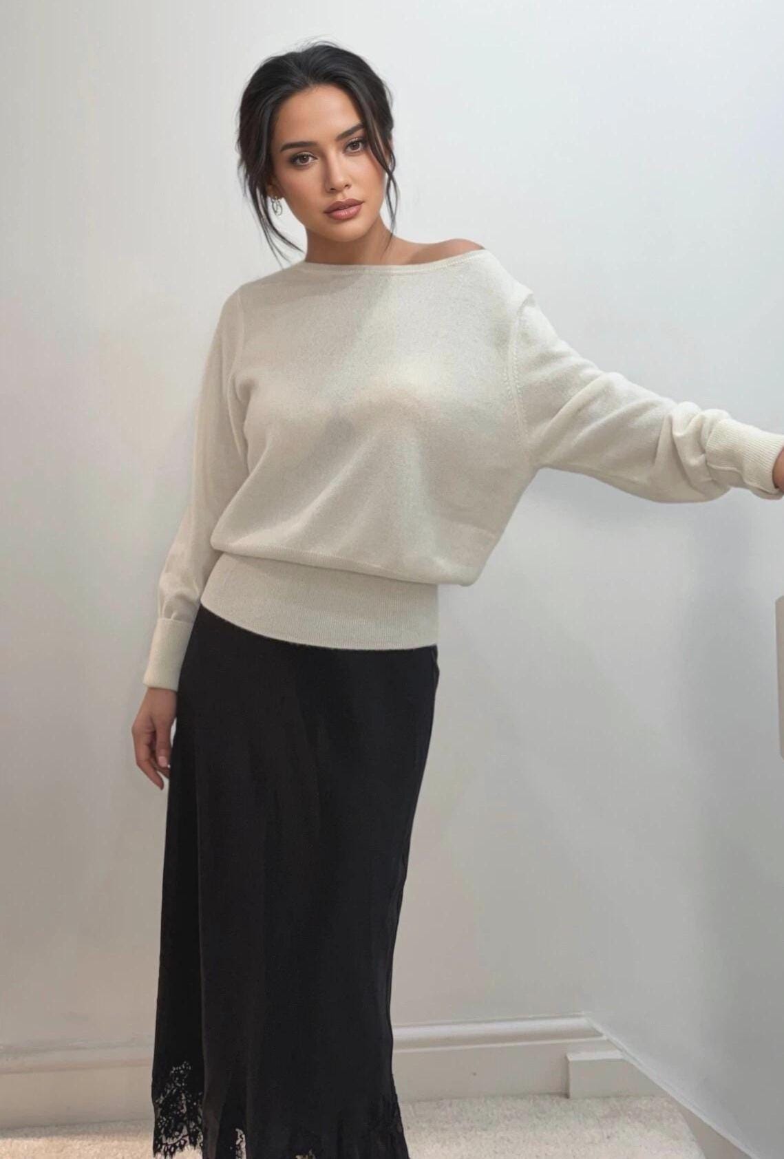 Cashmere Wool Blend Sweater – Off-the-Shoulder, Cinched Waist