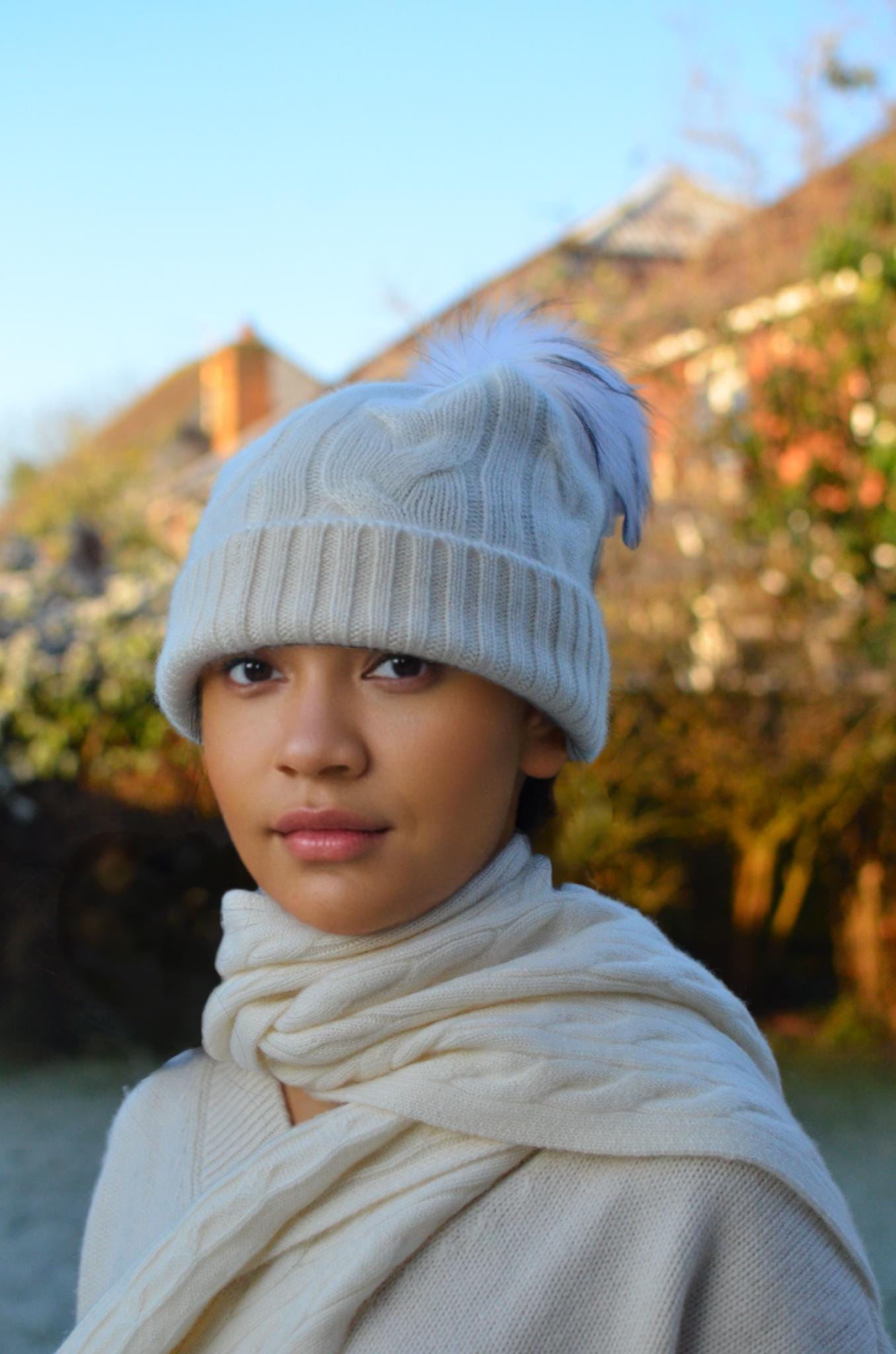 Christmas gift box Cashmere Scarf and Cable Knit Beanie  Faux Fur Pom-Pom