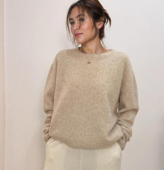 Brushed Cashmere & Wool Blend Fuzzy Sweater light camel color