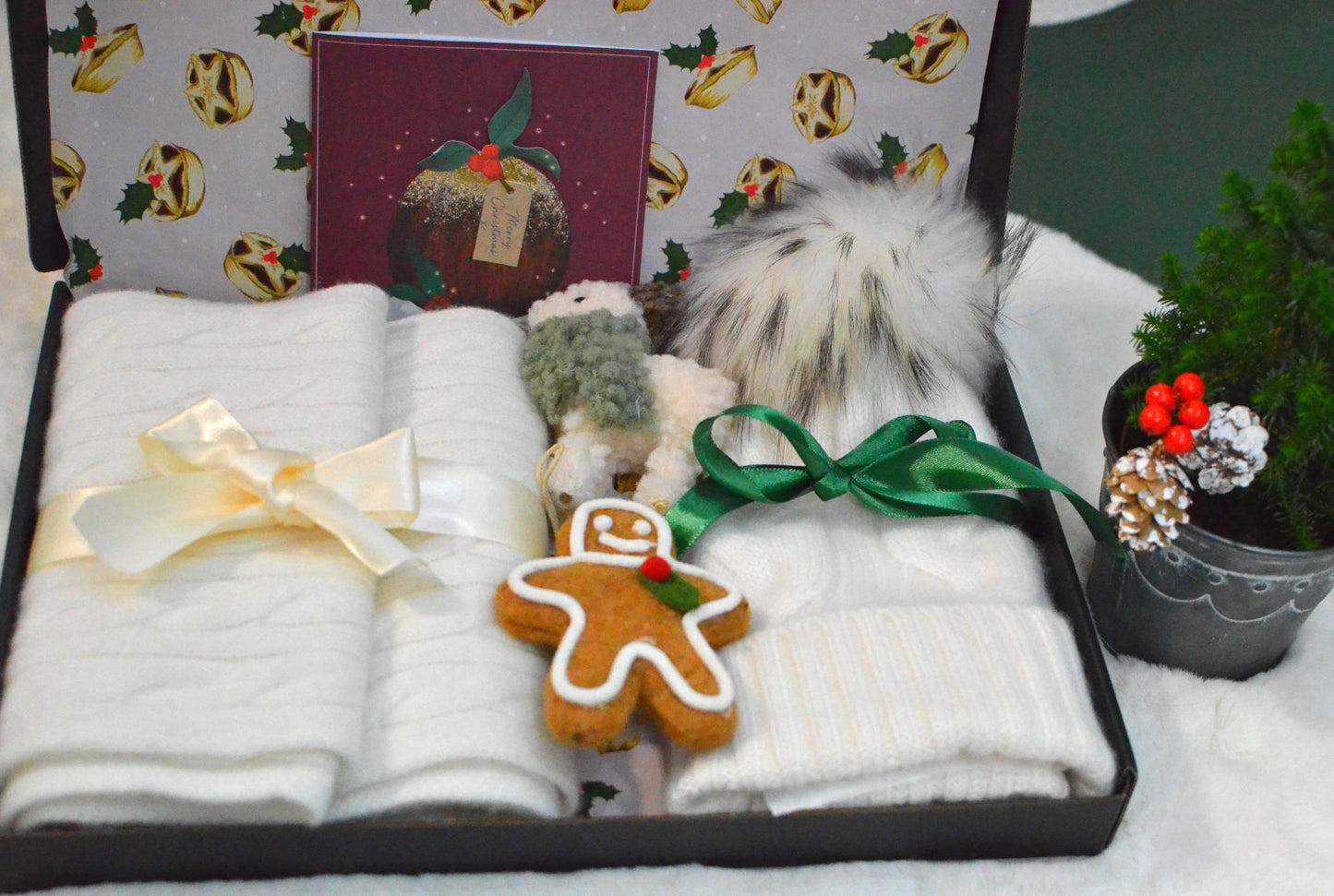 Christmas gift box Cashmere Scarf and Cable Knit Beanie  Faux Fur Pom-Pom