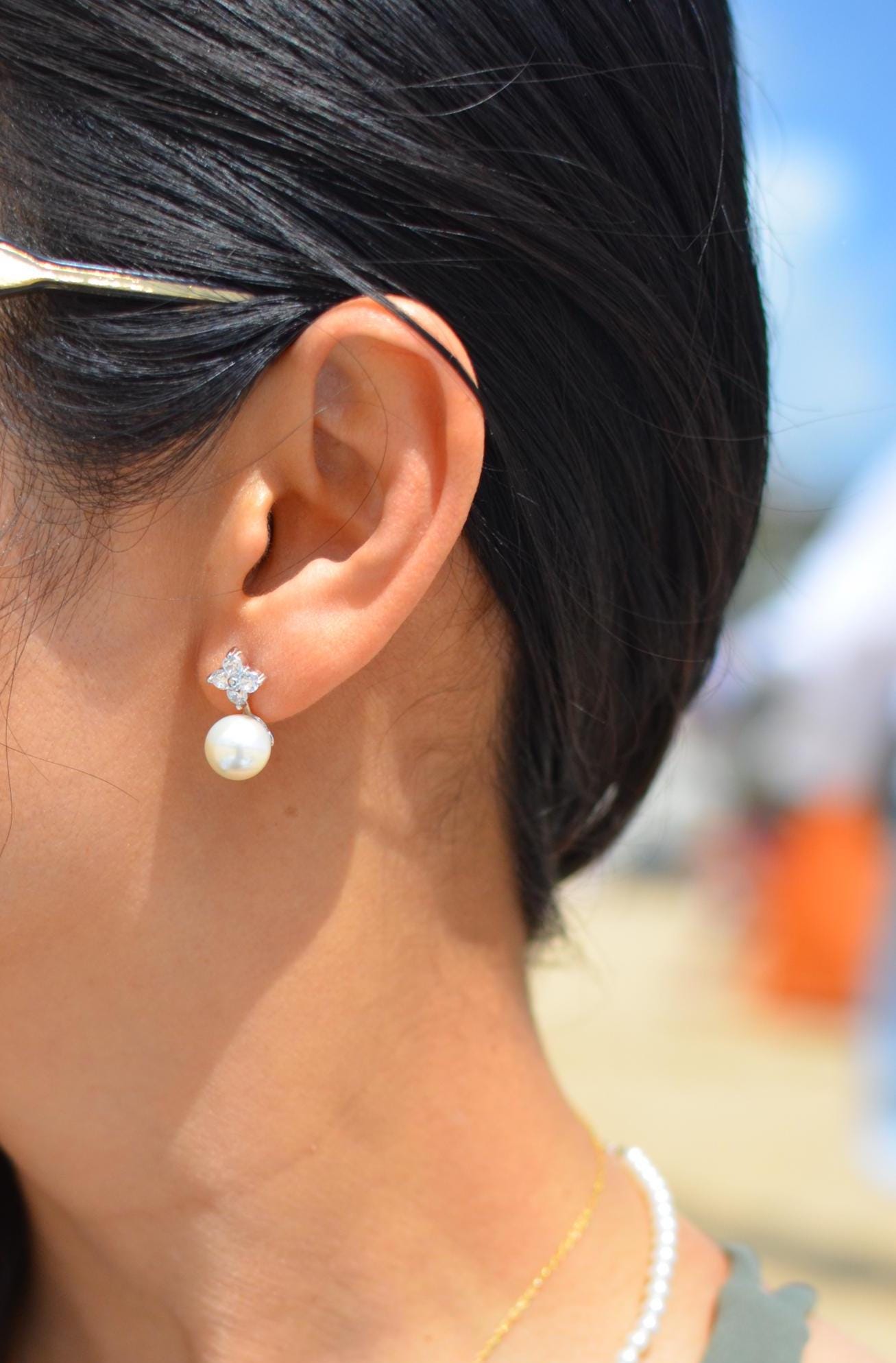 Floral CZ & Freshwater Pearl Earrings – Bridal Sterling Silver Studs