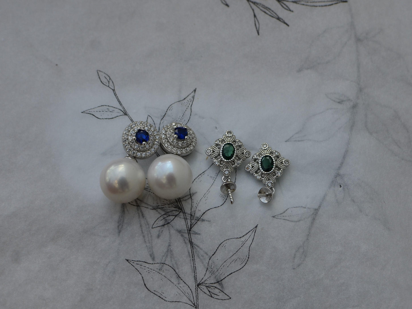 Freshwater Pearl Drop Earrings, CZ Halo, Sapphire Center, Sterling Silver