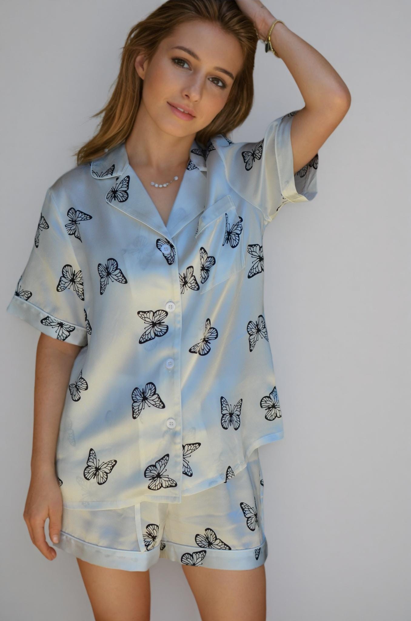 Mulberry Silk Pajama Set: Butterfly Print Loungewear