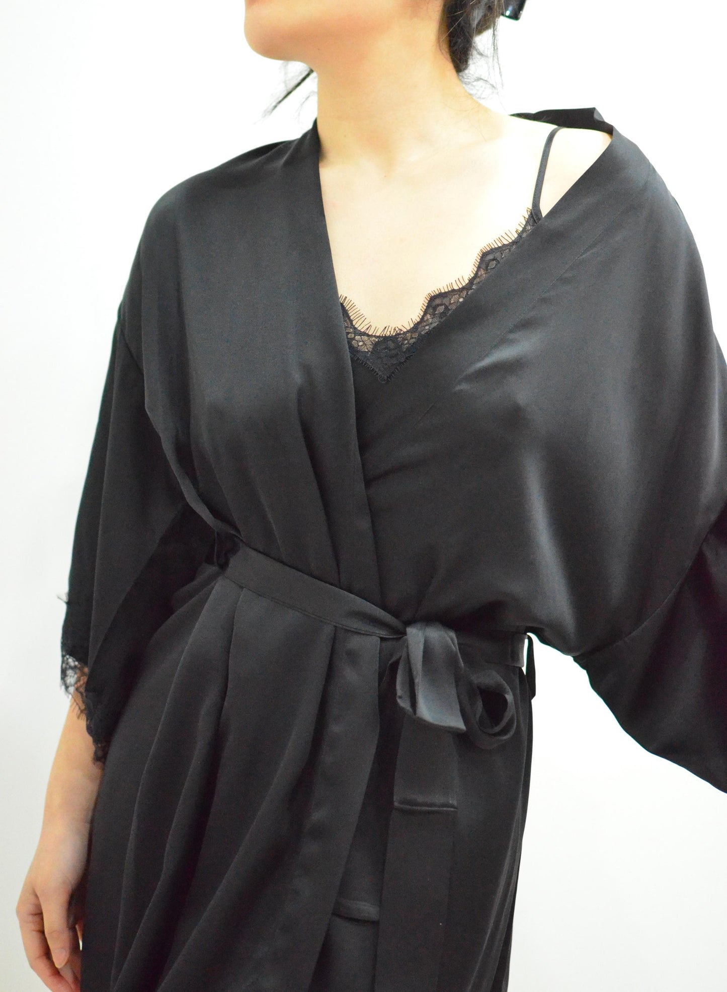 6A Grade mulberry Silk Lace Trimmed black Nightdress& Dressing Gown Set 2Pcs 19momme silk