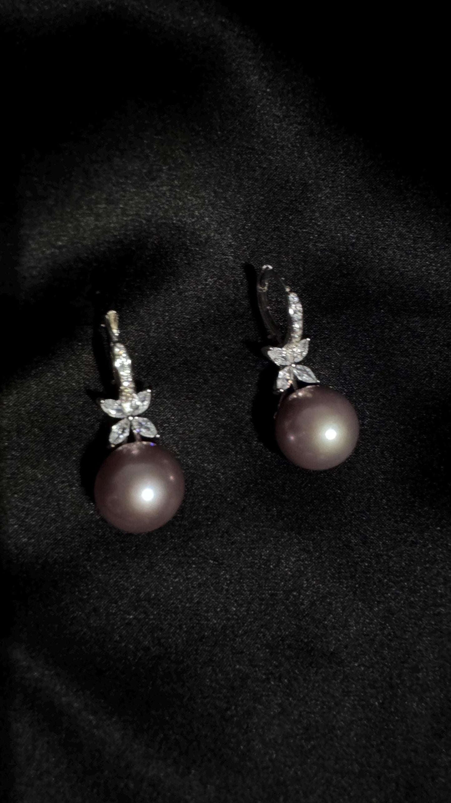 Lavender Pearl Drop Earrings Sterling Silver & CZ Floral Design