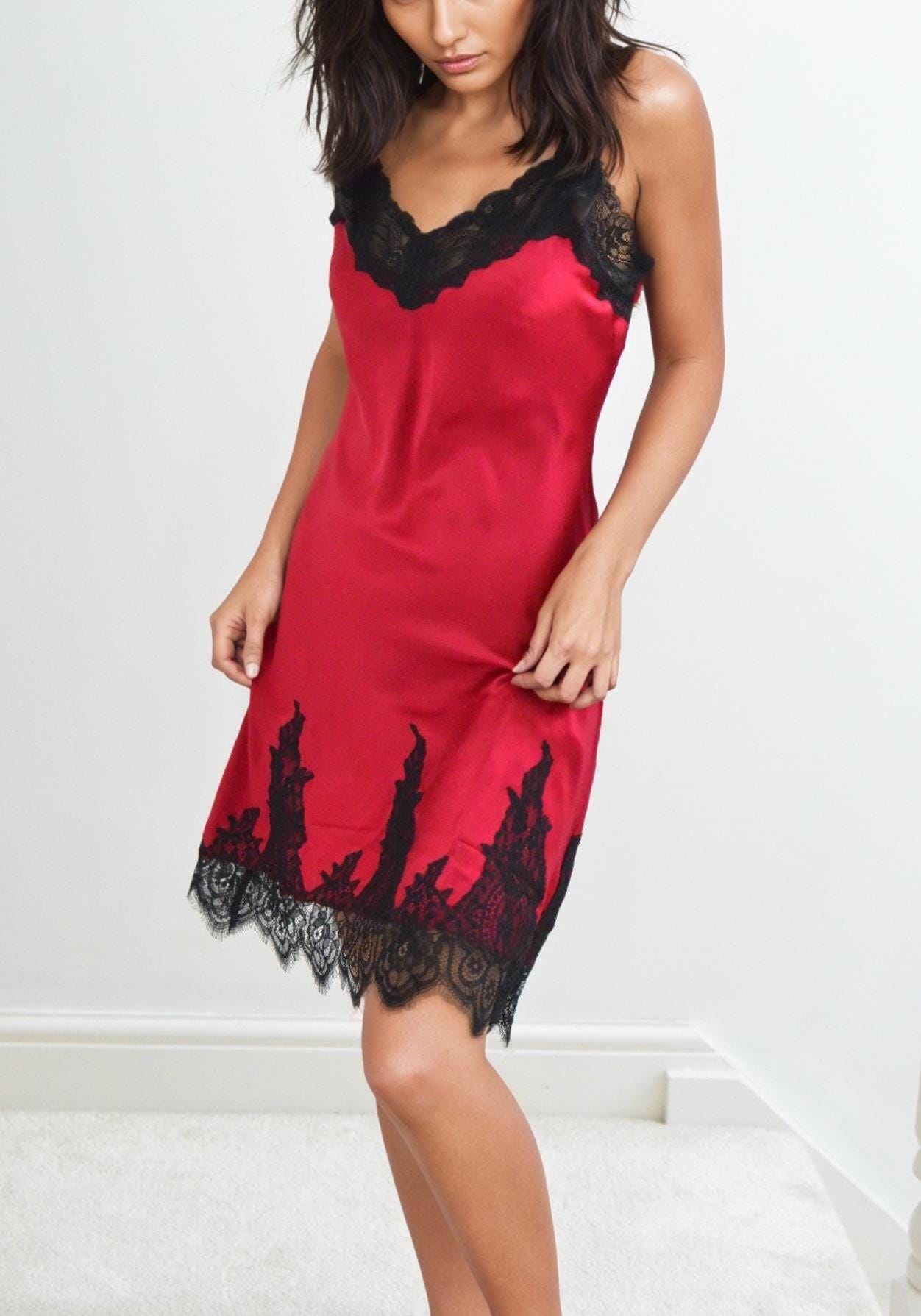2Pcs Set – Lace Silk Cami Dress & Robe | 6A Grade Mulberry Silk, Rosered with Black Lace Sleeves