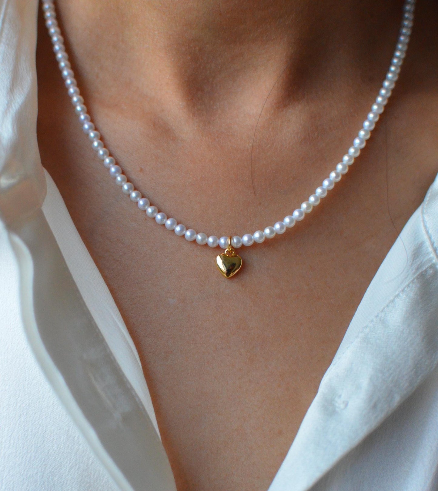 Classic 3mm freshwater Pearl Necklac with 925 Silver Gold-Plated Heart Charm