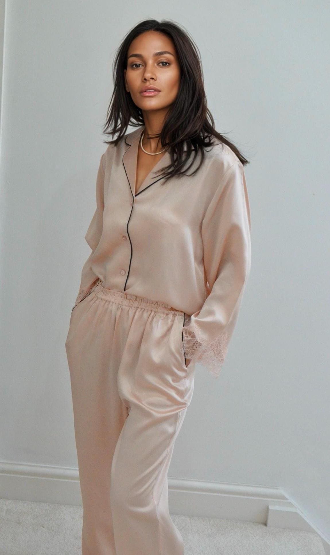 19 Momme Mulberry Silk Pajama Set: White Lace Trim Sleepwear 3/4 sleeves