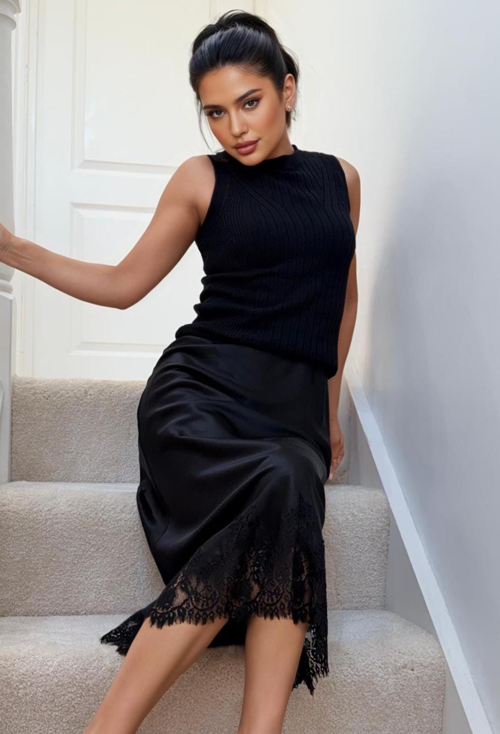 Black Silk Midi Skirt with Lace Hem