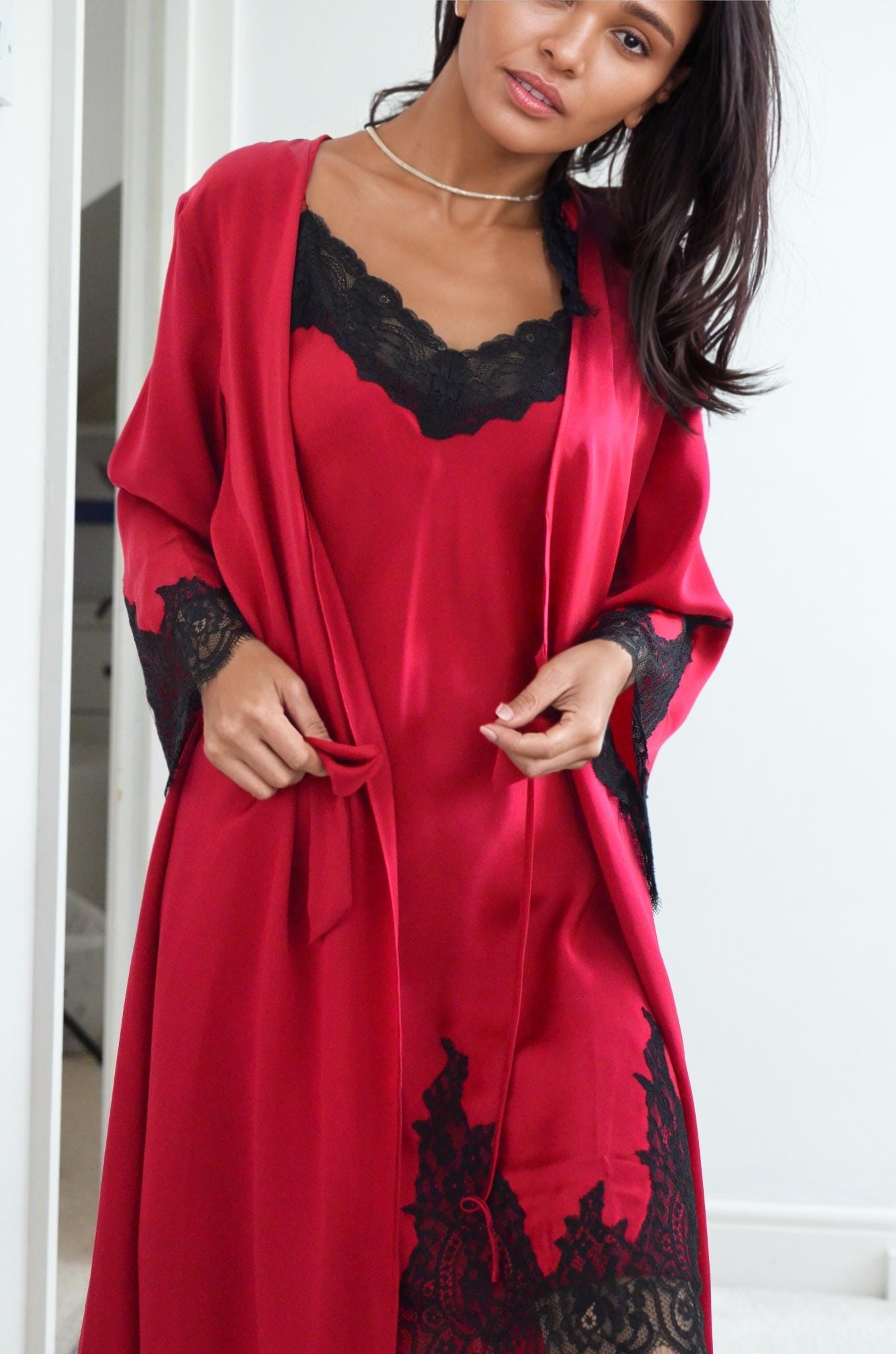 2Pcs Set – Lace Silk Cami Dress & Robe | 6A Grade Mulberry Silk, Rosered with Black Lace Sleeves