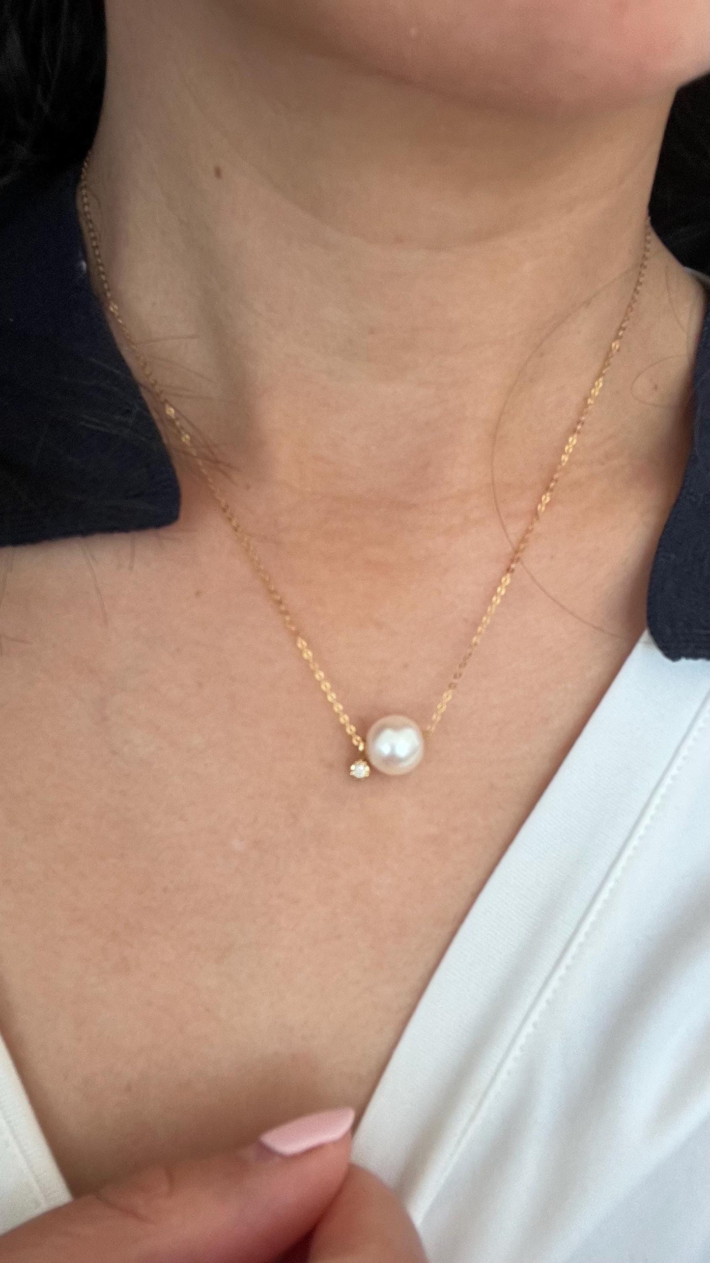 Freshwater Pearl Necklace with Tiny  CZ or diamond  Charm