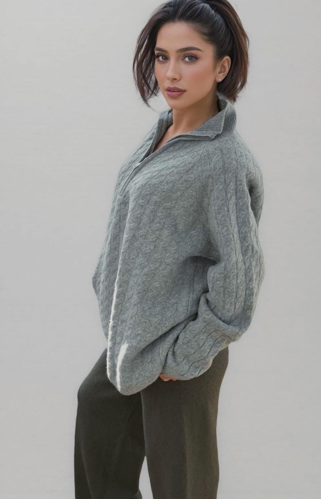 Cable-Knit Half-Zip Cashmere Wool Sweater Timeless Elegance and Cozy Comfort loose fit