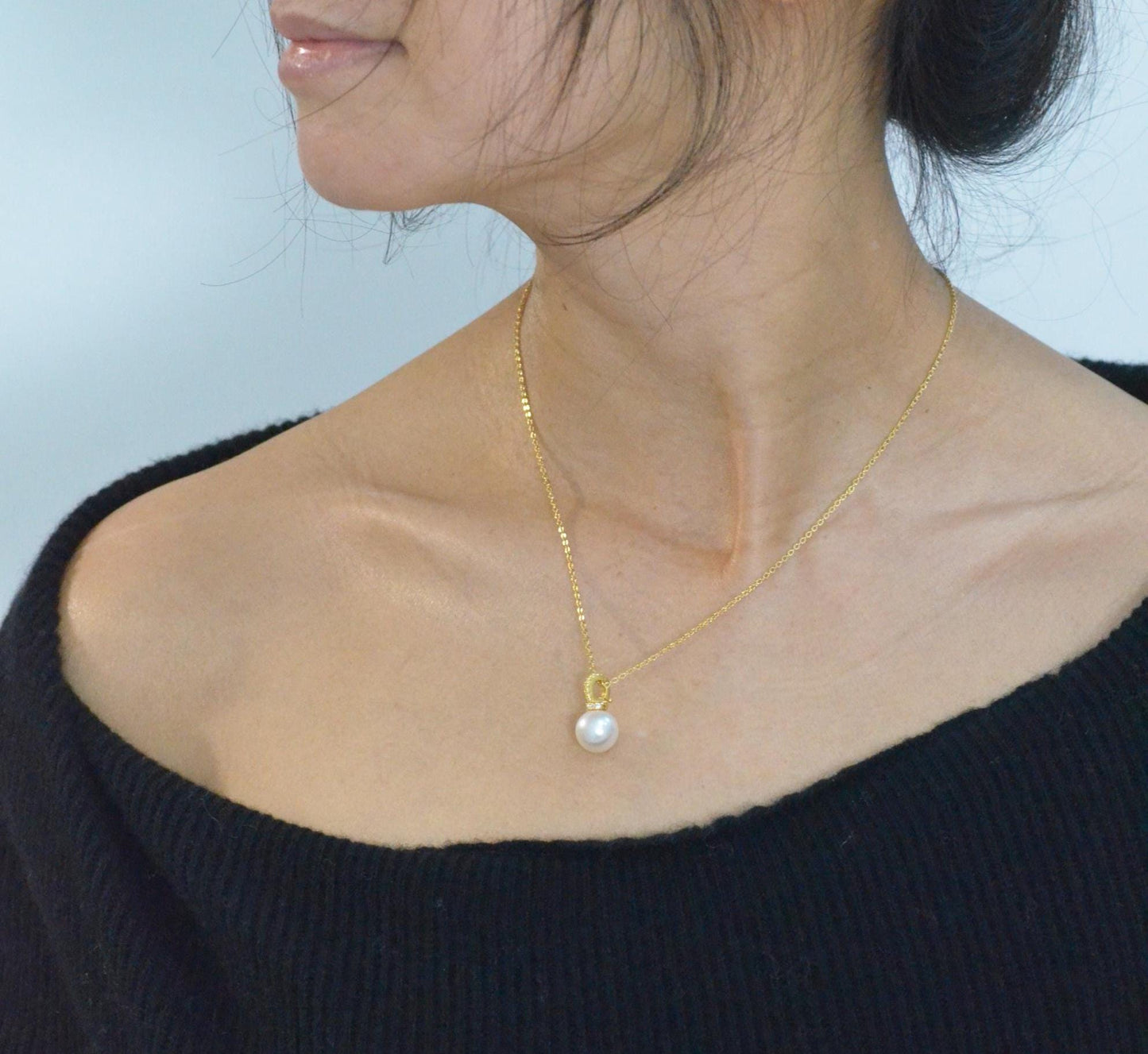 18K Gold Pearl Pendant: CZ Accent, Cultured Pearl Drop