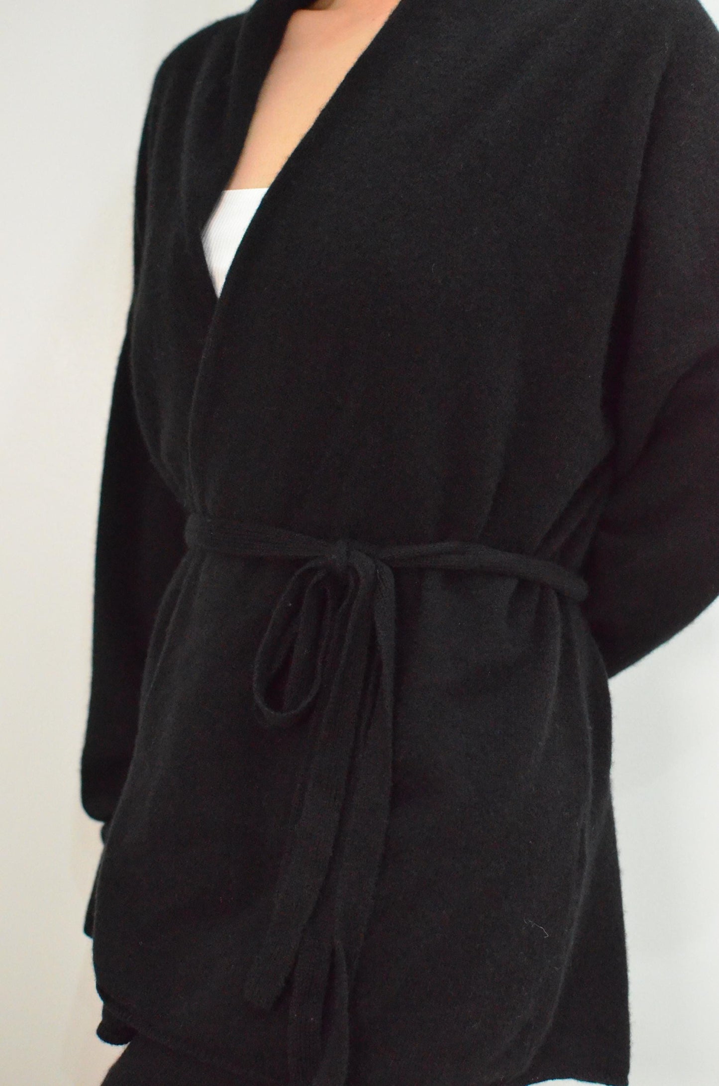 100% Cashmere Cardigan with Belt: Lightweight Bell Sleeves Loungewear