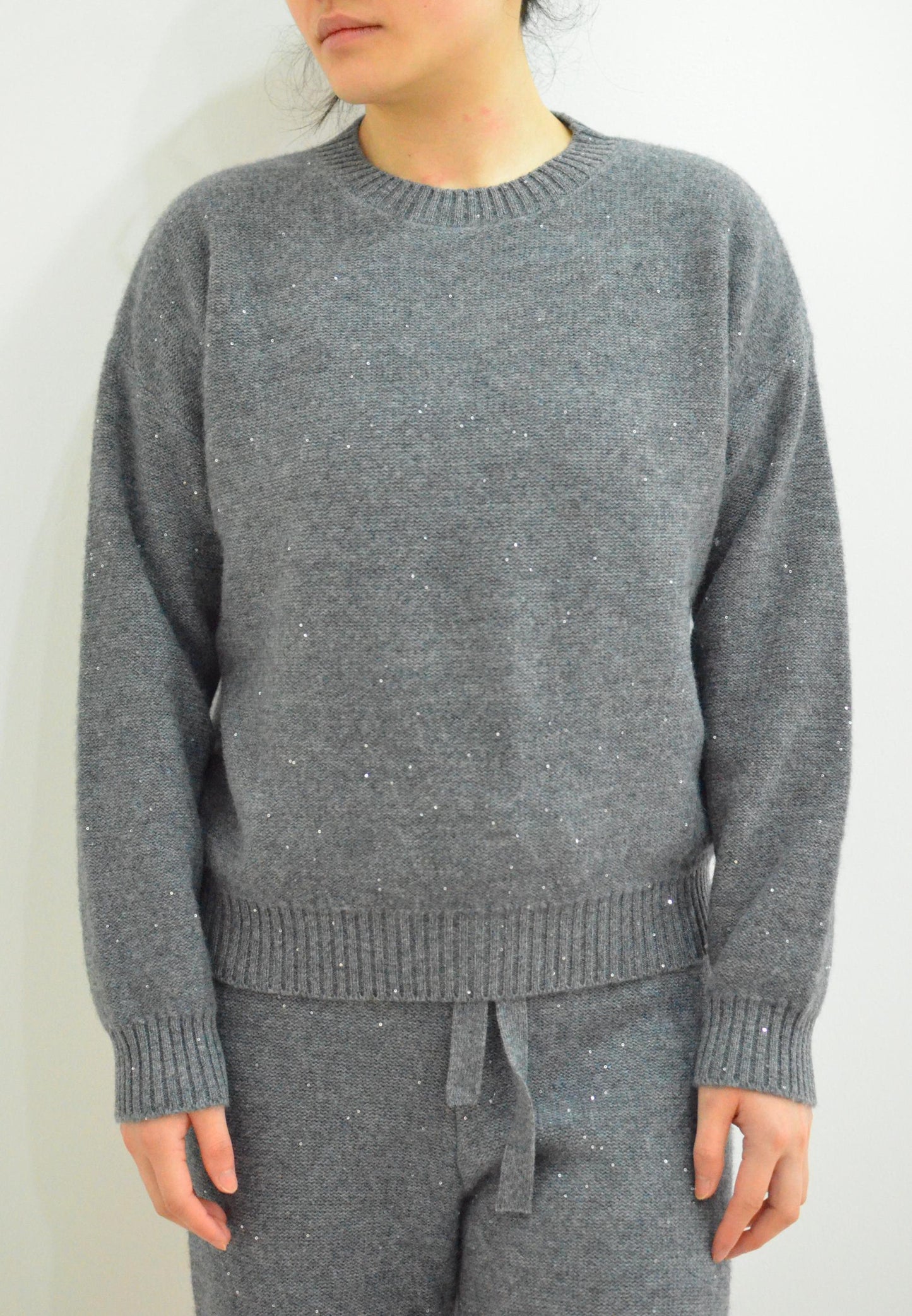 Cashmere Wool Blend Sweater Set: Sparkling Beads, Adjustable Trousers