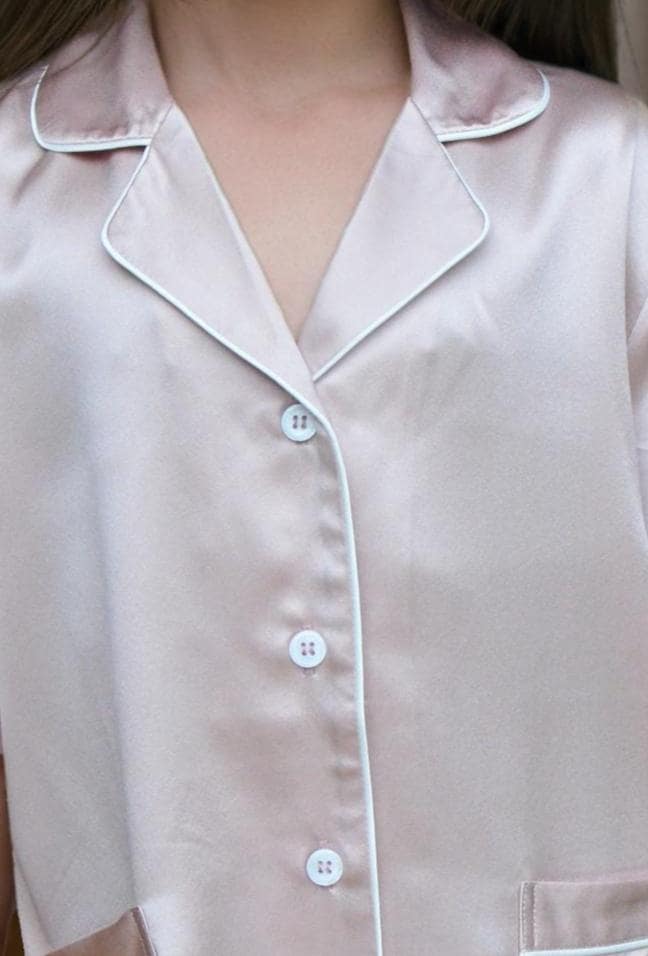6A Grade Mulberry Silk Pajama Set:  Long Sleeve Piped Loungewear 19momme silk