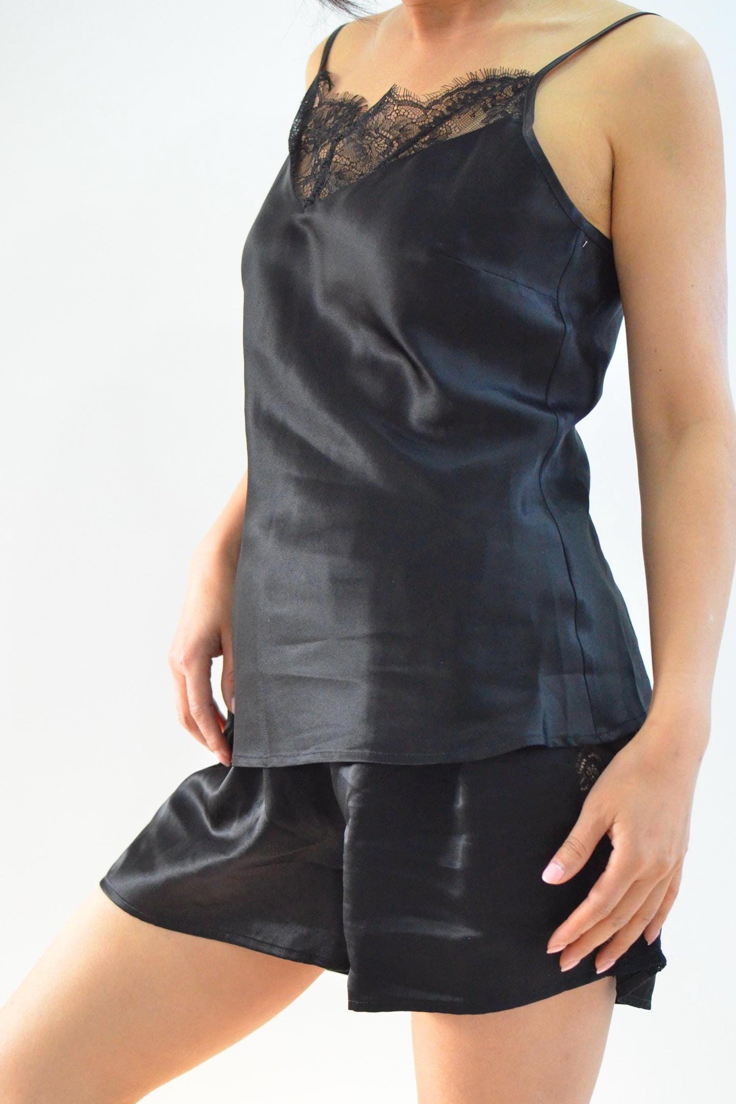 Mulberry Silk Pajama Set: Black Lace Cami Top, Shorts Loungewear