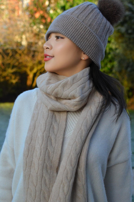 100% Cashmere Beanies with Faux Fur Pom-Poms