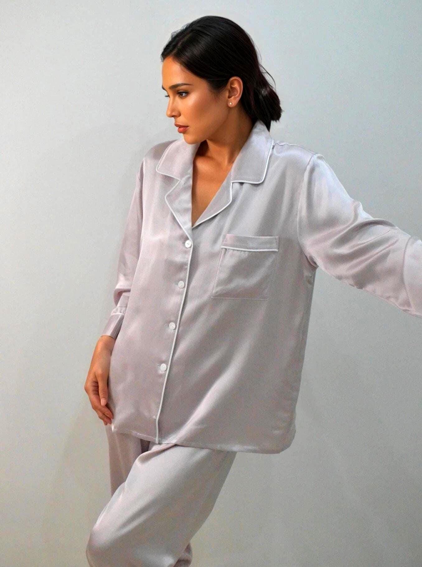 6A Grade Mulberry Silk Pajama Set: Purple Loungewear with White Piping
