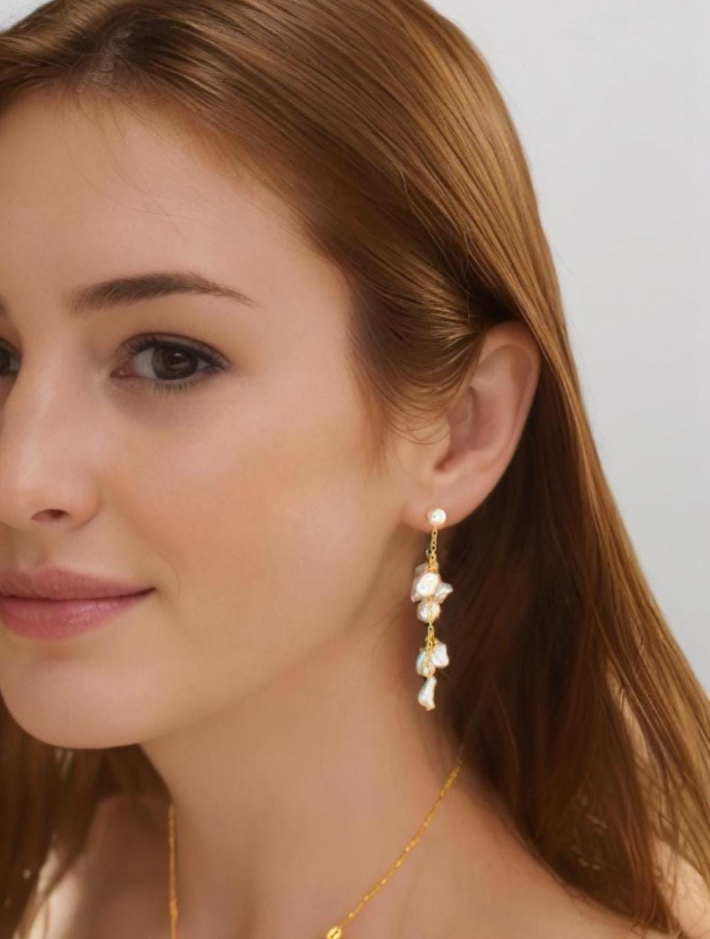Baroque Pearl Drop Earrings with Gold Chain & Pearl Stud