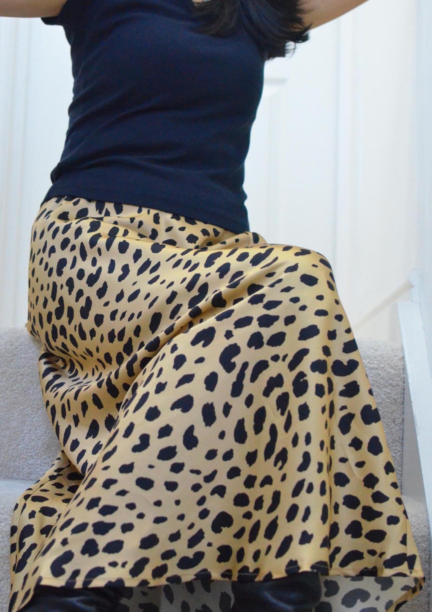 Wild Elegance:Golden beige base with bold black spots Slip Skirt  mulberry silk skirt