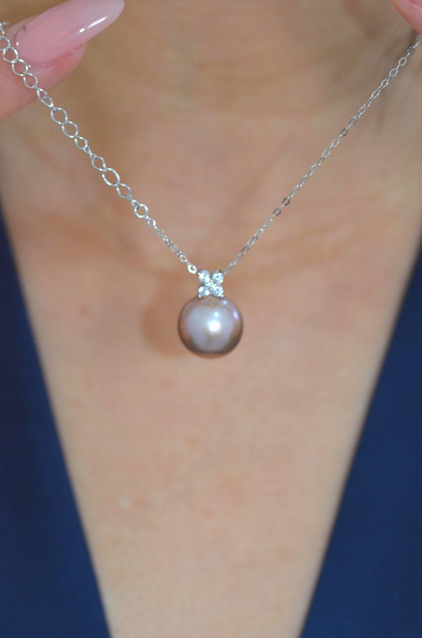 Champagne Rose Pearl Jewelry Set with Four-Petal Floral CZ Cluster