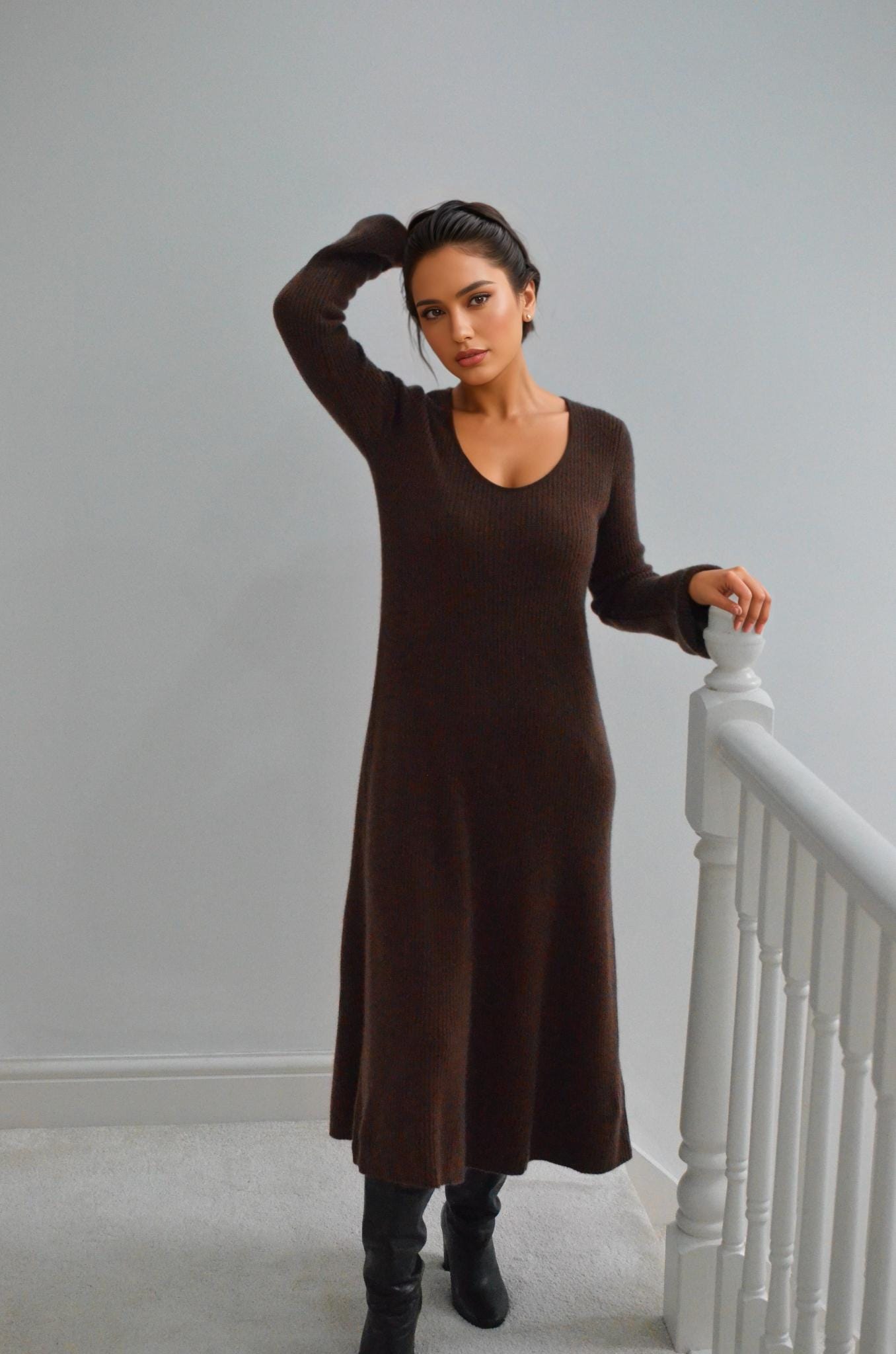Cashmere & Wool Ribbed Knit  above ankle  Dress – Chestnut Brown