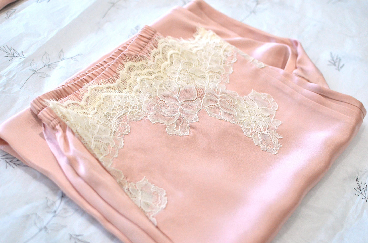 Pink Mulberry Silk Pajama Set:  Lace Trimmed 6A Silk 3/4 sleeves