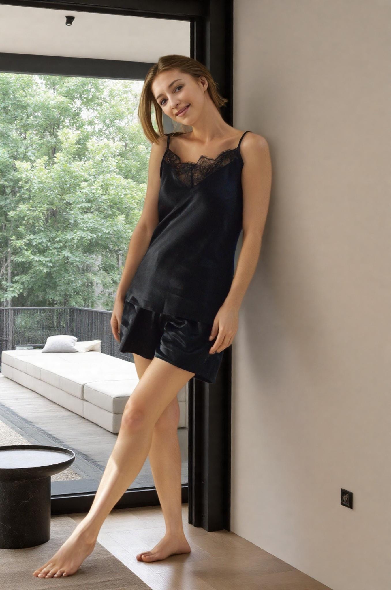 Mulberry Silk Pajama Set: Black Lace Cami Top, Shorts Loungewear
