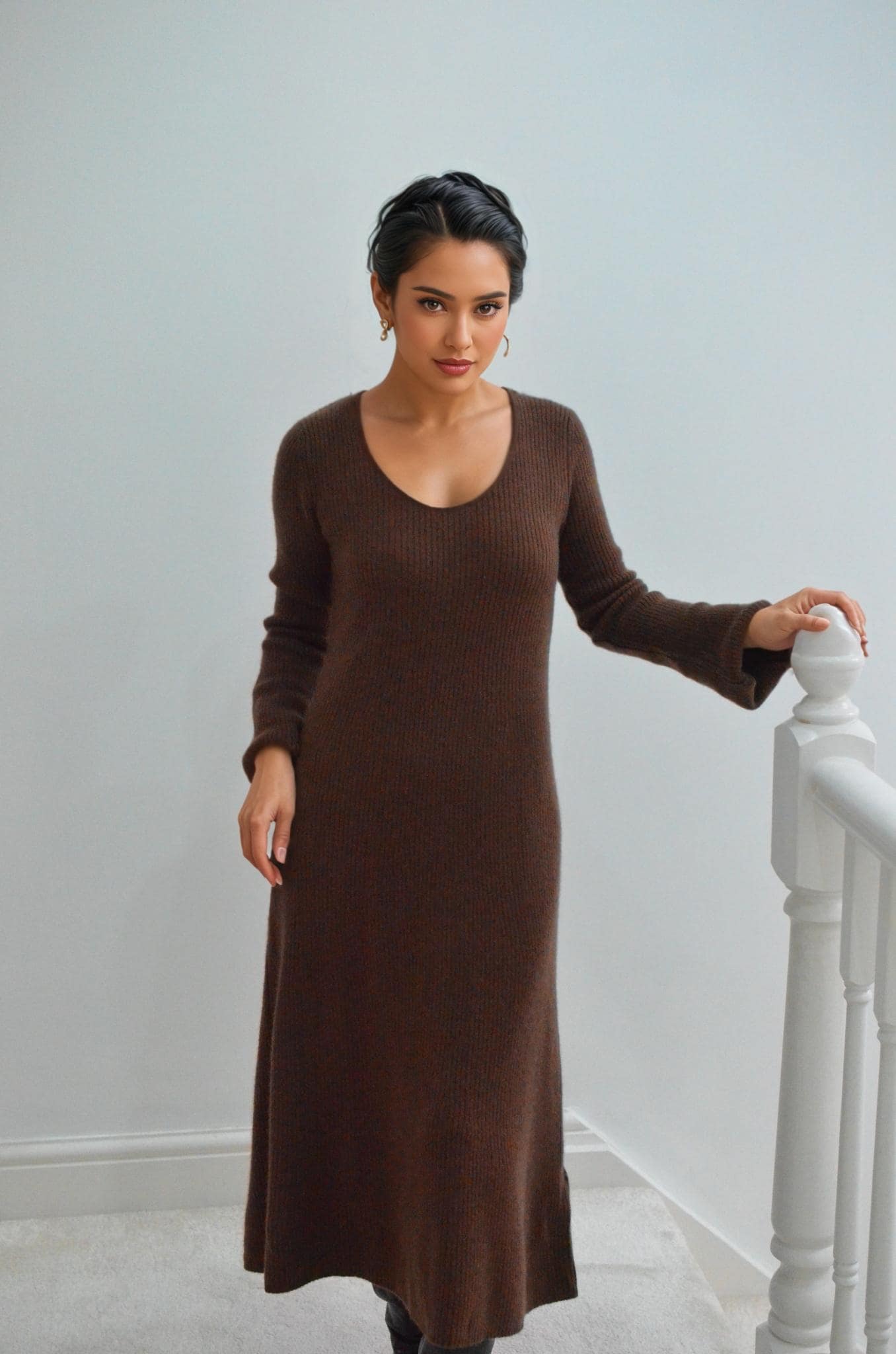 Cashmere & Wool Ribbed Knit  above ankle  Dress – Chestnut Brown