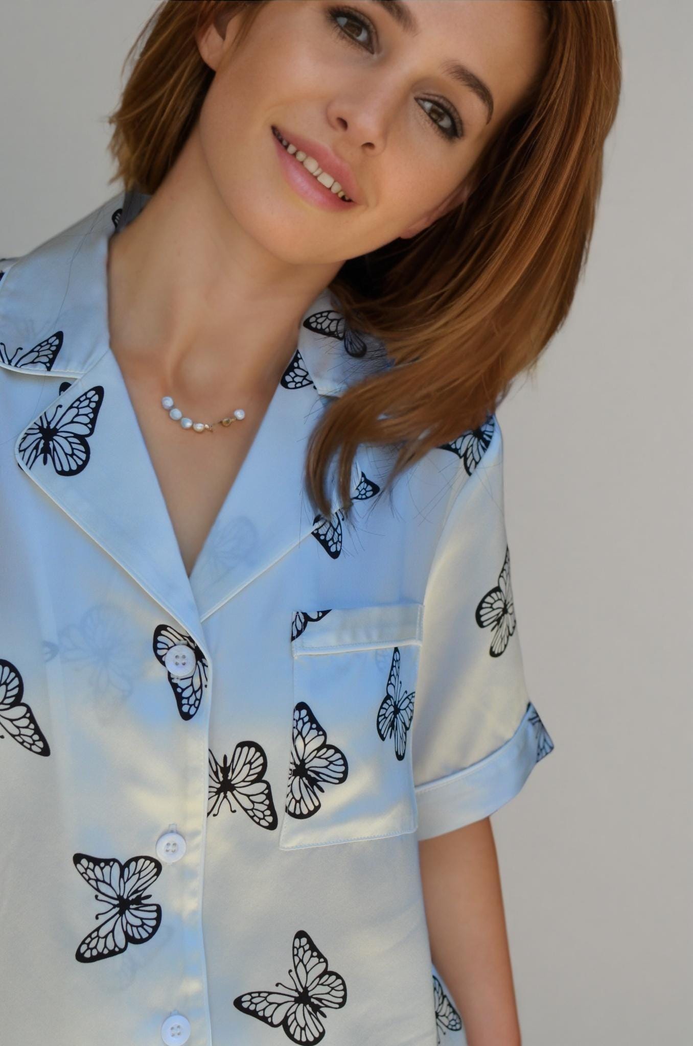 Mulberry Silk Pajama Set: Butterfly Print Loungewear