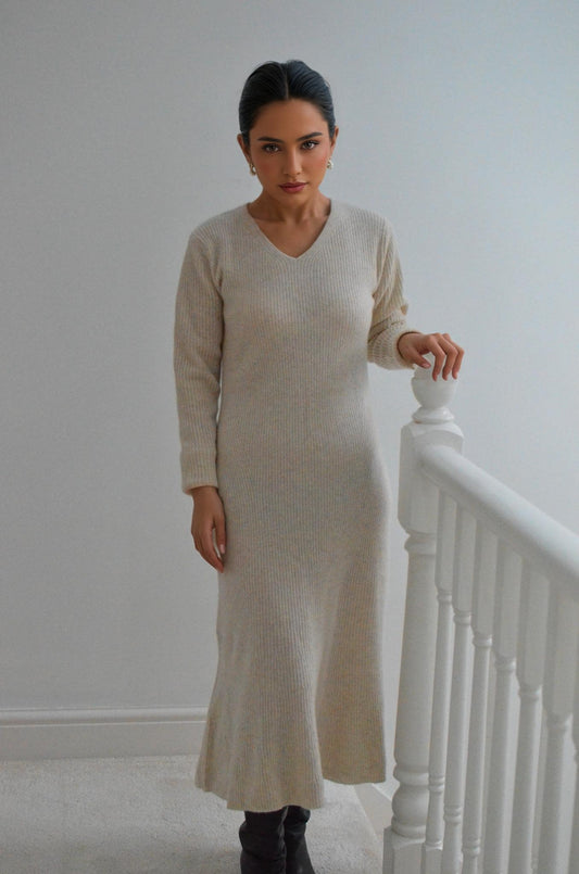 Luxury Cashmere & Wool Ribbed Knit  winter Dress