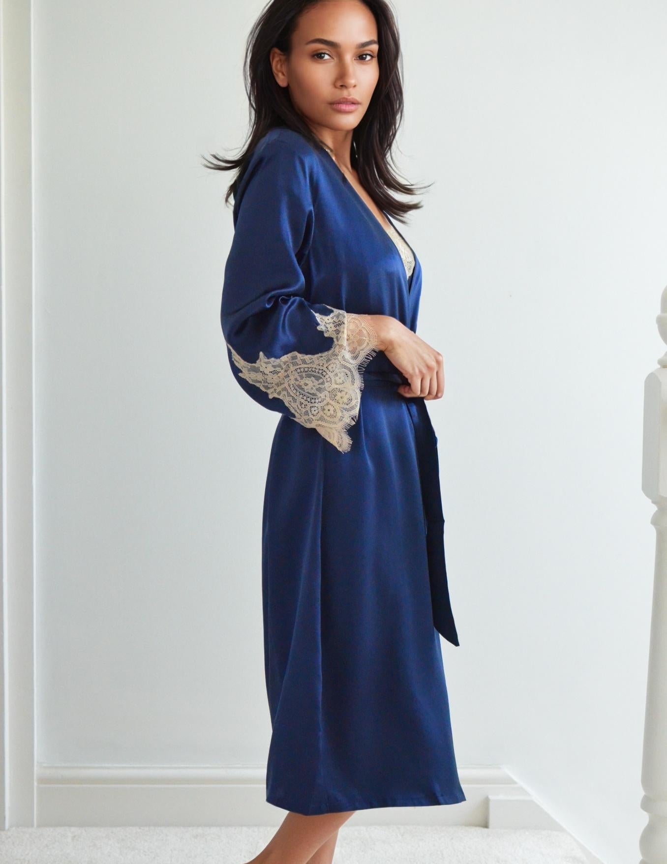 2Pcs Set – Lace Silk Cami Dress & Robe | 6A Grade Mulberry Silk, Royal blue robe with champgnane Sleeves, Lace trim V neck cami dress