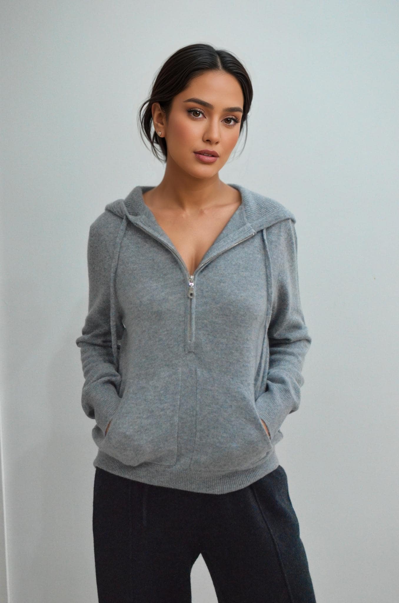 Women’s Pure Cashmere Half-Zip Hoodie light weight, 100% cashmere